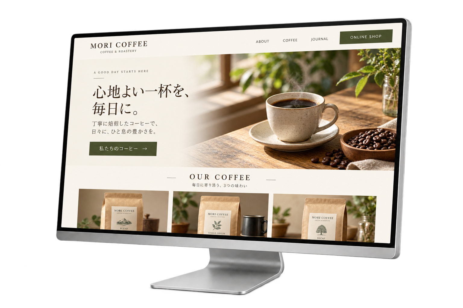 MORI COFFEEのホームページを表示したPCモックアップ